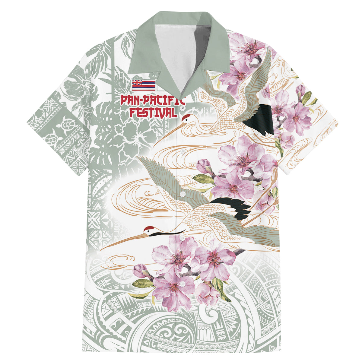 Personalized Japanese Shirasagi Bird Family Matching Mermaid Dress and Hawaiian Shirt Sakura and Hibiscus Polynesian Pattern LT9 Dad's Shirt - Short Sleeve White - Polynesian Pride