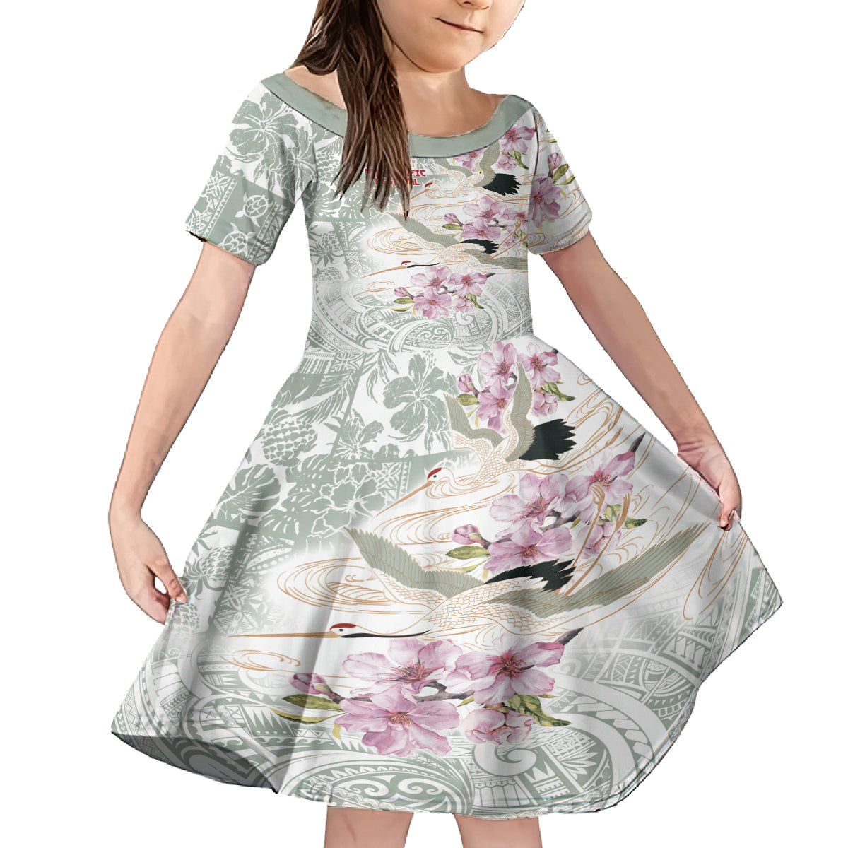 Personalized Japanese Shirasagi Bird Family Matching Off Shoulder Maxi Dress and Hawaiian Shirt Sakura and Hibiscus Polynesian Pattern LT9 Daughter's Dress White - Polynesian Pride