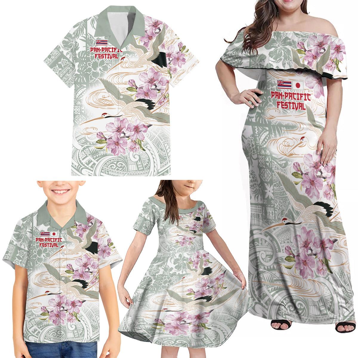 Personalized Japanese Shirasagi Bird Family Matching Off Shoulder Maxi Dress and Hawaiian Shirt Sakura and Hibiscus Polynesian Pattern LT9 - Polynesian Pride