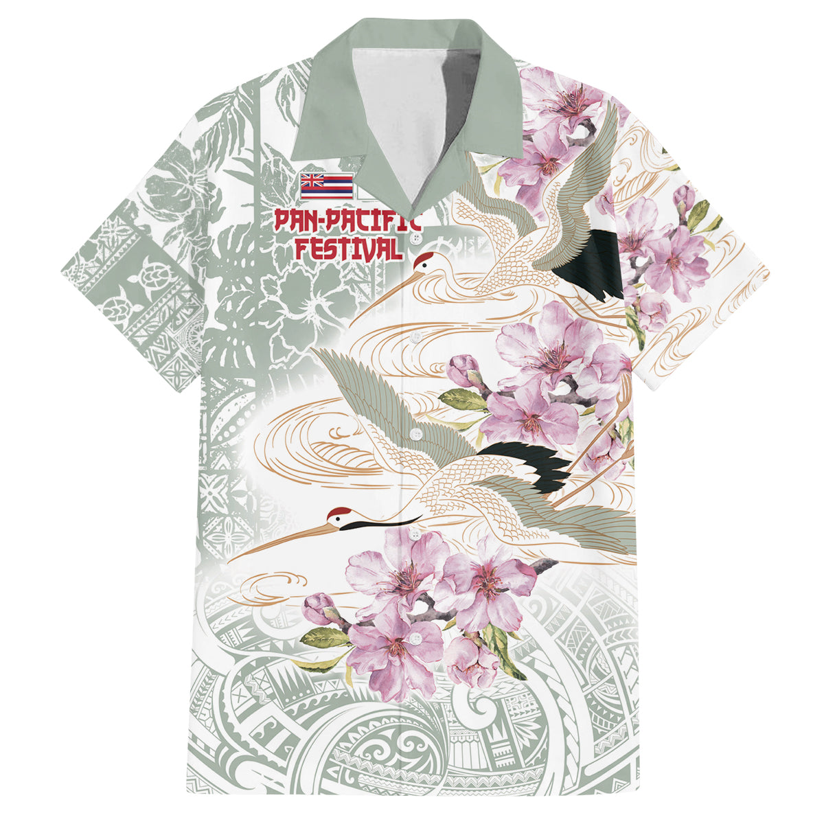 Personalized Japanese Shirasagi Bird Family Matching Off Shoulder Maxi Dress and Hawaiian Shirt Sakura and Hibiscus Polynesian Pattern LT9 Dad's Shirt - Short Sleeve White - Polynesian Pride