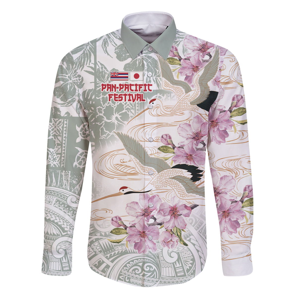 Personalized Japanese Shirasagi Bird Family Matching Off Shoulder Maxi Dress and Hawaiian Shirt Sakura and Hibiscus Polynesian Pattern LT9 Dad's Shirt - Long Sleeve White - Polynesian Pride