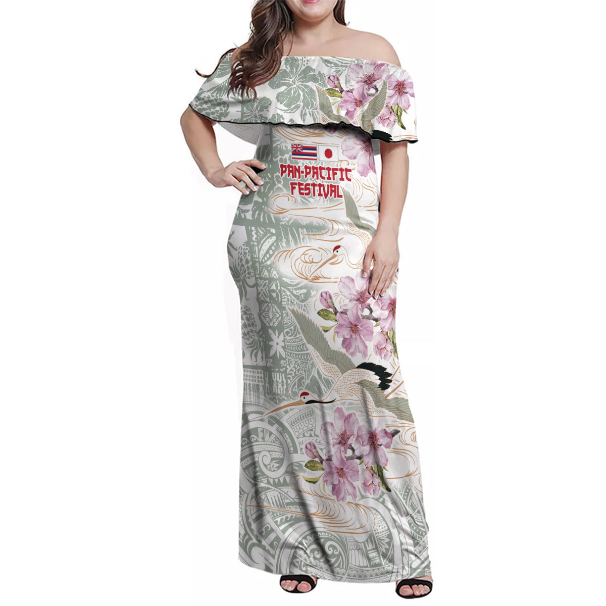 Personalized Japanese Shirasagi Bird Family Matching Off Shoulder Maxi Dress and Hawaiian Shirt Sakura and Hibiscus Polynesian Pattern LT9 Mom's Dress White - Polynesian Pride