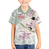 Personalized Japanese Shirasagi Bird Family Matching Off Shoulder Maxi Dress and Hawaiian Shirt Sakura and Hibiscus Polynesian Pattern LT9 Son's Shirt White - Polynesian Pride