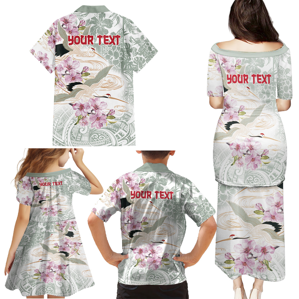 Personalized Japanese Shirasagi Bird Family Matching Puletasi and Hawaiian Shirt Sakura and Hibiscus Polynesian Pattern LT9 - Polynesian Pride