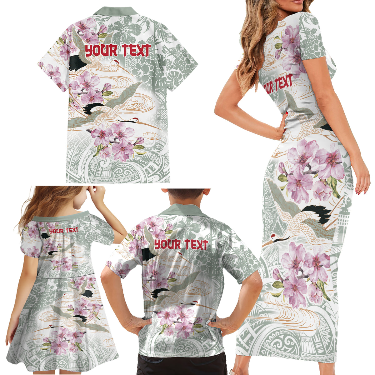 Personalized Japanese Shirasagi Bird Family Matching Short Sleeve Bodycon Dress and Hawaiian Shirt Sakura and Hibiscus Polynesian Pattern LT9 - Polynesian Pride