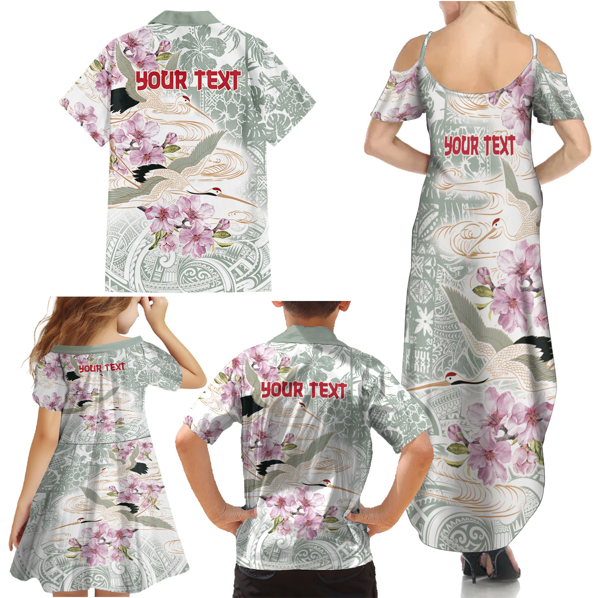 Personalized Japanese Shirasagi Bird Family Matching Summer Maxi Dress and Hawaiian Shirt Sakura and Hibiscus Polynesian Pattern LT9 - Polynesian Pride