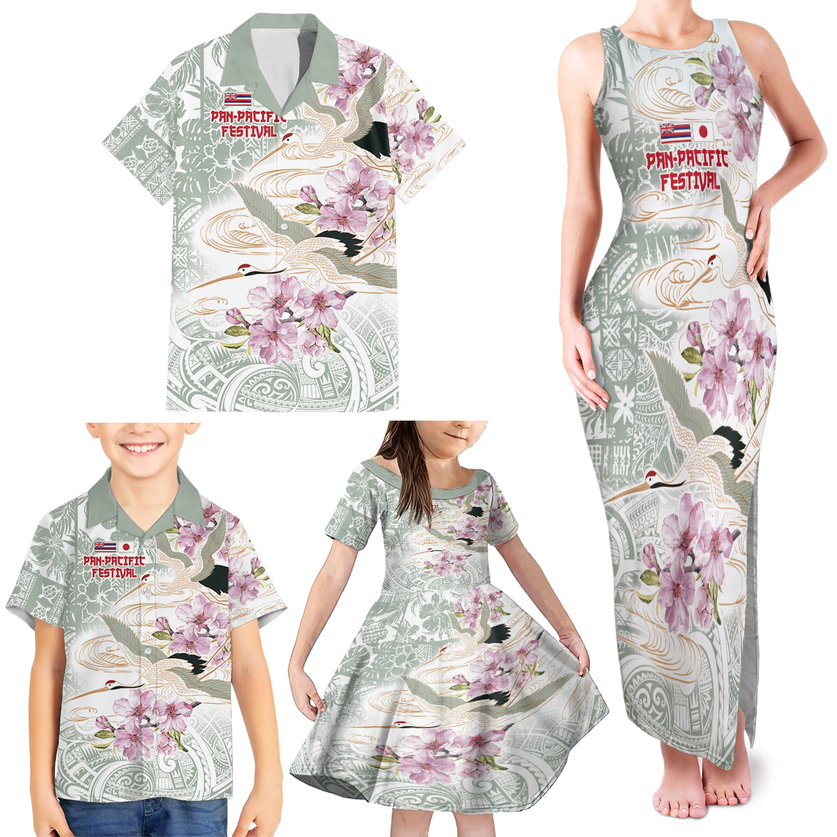 Personalized Japanese Shirasagi Bird Family Matching Tank Maxi Dress and Hawaiian Shirt Sakura and Hibiscus Polynesian Pattern LT9 - Polynesian Pride