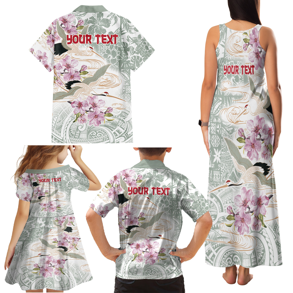 Personalized Japanese Shirasagi Bird Family Matching Tank Maxi Dress and Hawaiian Shirt Sakura and Hibiscus Polynesian Pattern LT9 - Polynesian Pride