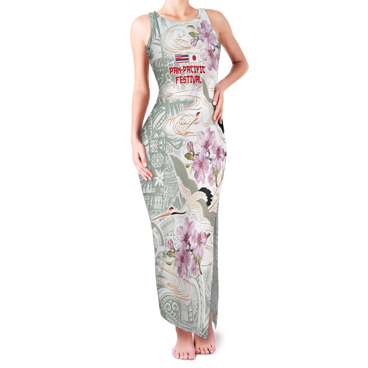 Personalized Japanese Shirasagi Bird Family Matching Tank Maxi Dress and Hawaiian Shirt Sakura and Hibiscus Polynesian Pattern LT9 Mom's Dress White - Polynesian Pride