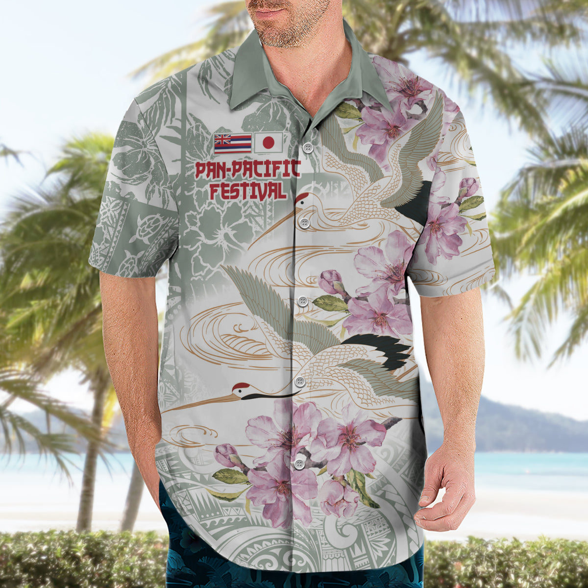 Personalized Japanese Shirasagi Bird Hawaiian Shirt Sakura and Hibiscus Polynesian Pattern
