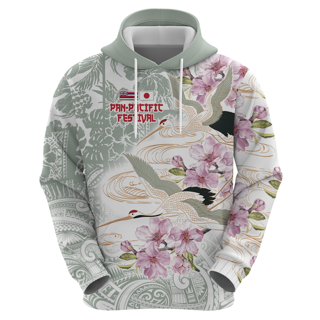 Personalized Japanese Shirasagi Bird Hoodie Sakura and Hibiscus Polynesian Pattern