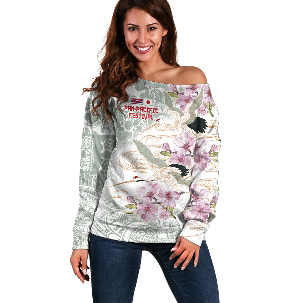 Personalized Japanese Shirasagi Bird Off Shoulder Sweater Sakura and Hibiscus Polynesian Pattern