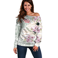 Personalized Japanese Shirasagi Bird Off Shoulder Sweater Sakura and Hibiscus Polynesian Pattern