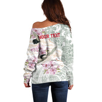 Personalized Japanese Shirasagi Bird Off Shoulder Sweater Sakura and Hibiscus Polynesian Pattern