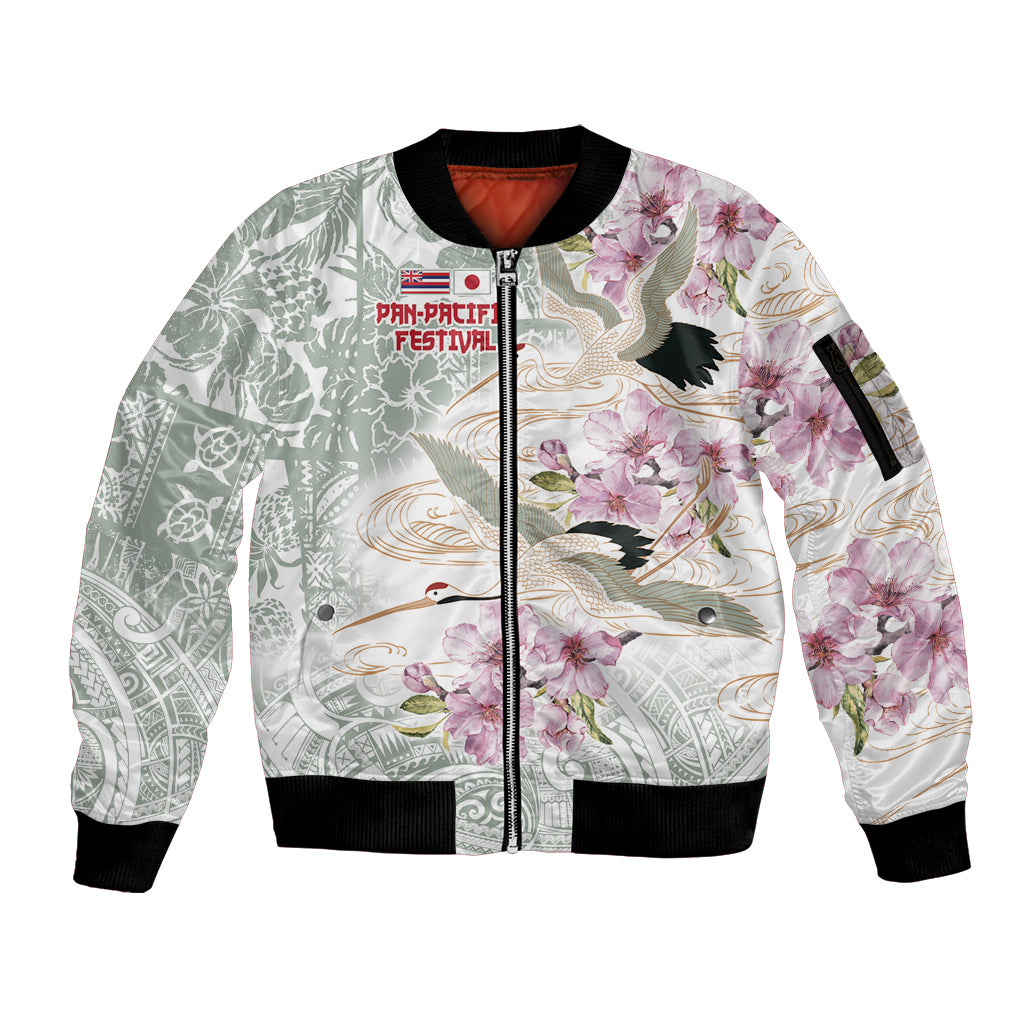 Personalized Japanese Shirasagi Bird Sleeve Zip Bomber Jacket Sakura and Hibiscus Polynesian Pattern