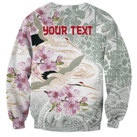 Personalized Japanese Shirasagi Bird Sweatshirt Sakura and Hibiscus Polynesian Pattern
