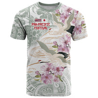 Personalized Japanese Shirasagi Bird T Shirt Sakura and Hibiscus Polynesian Pattern