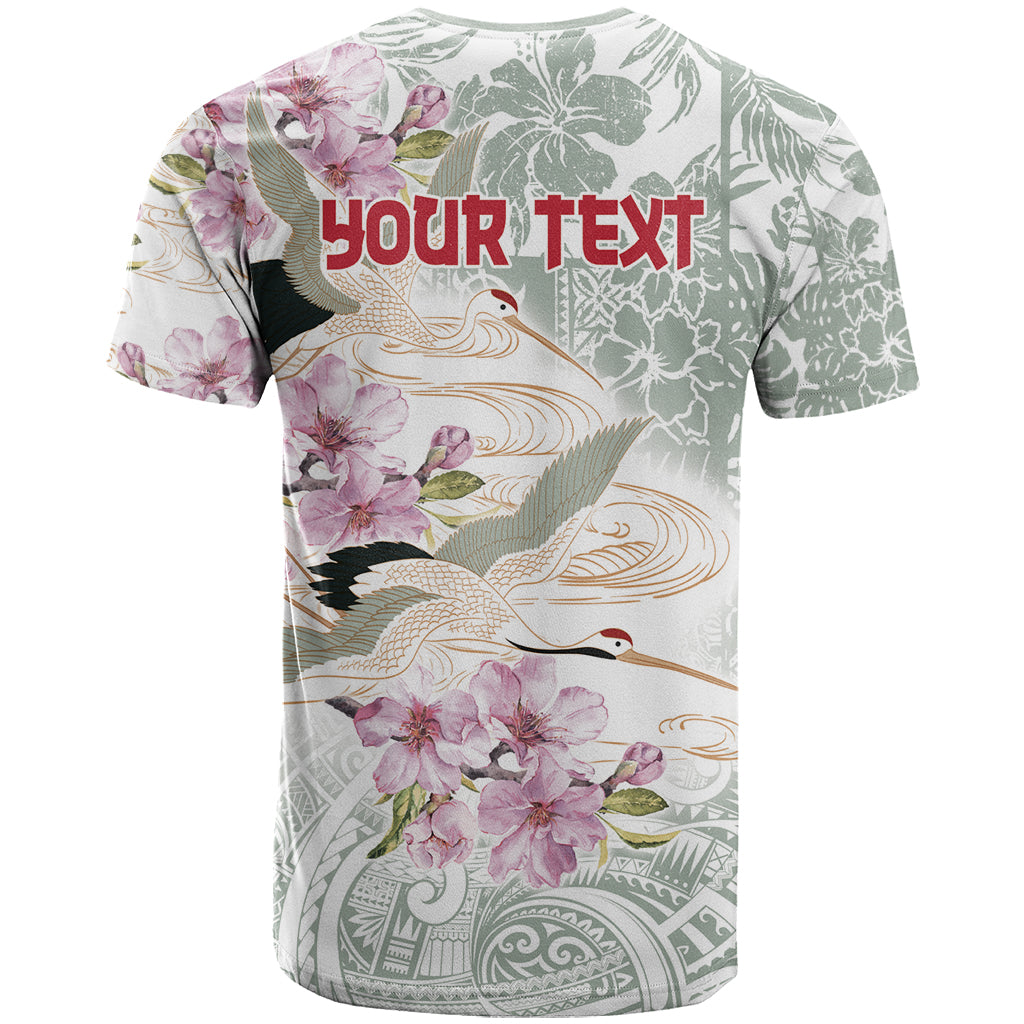 Personalized Japanese Shirasagi Bird T Shirt Sakura and Hibiscus Polynesian Pattern