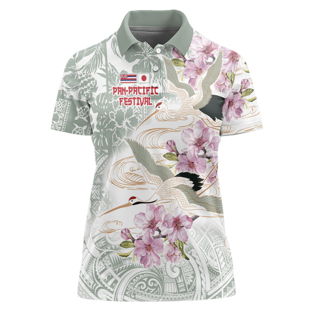 Personalized Japanese Shirasagi Bird Women Polo Shirt Sakura and Hibiscus Polynesian Pattern