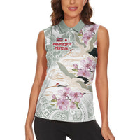 Personalized Japanese Shirasagi Bird Women Sleeveless Polo Shirt Sakura and Hibiscus Polynesian Pattern