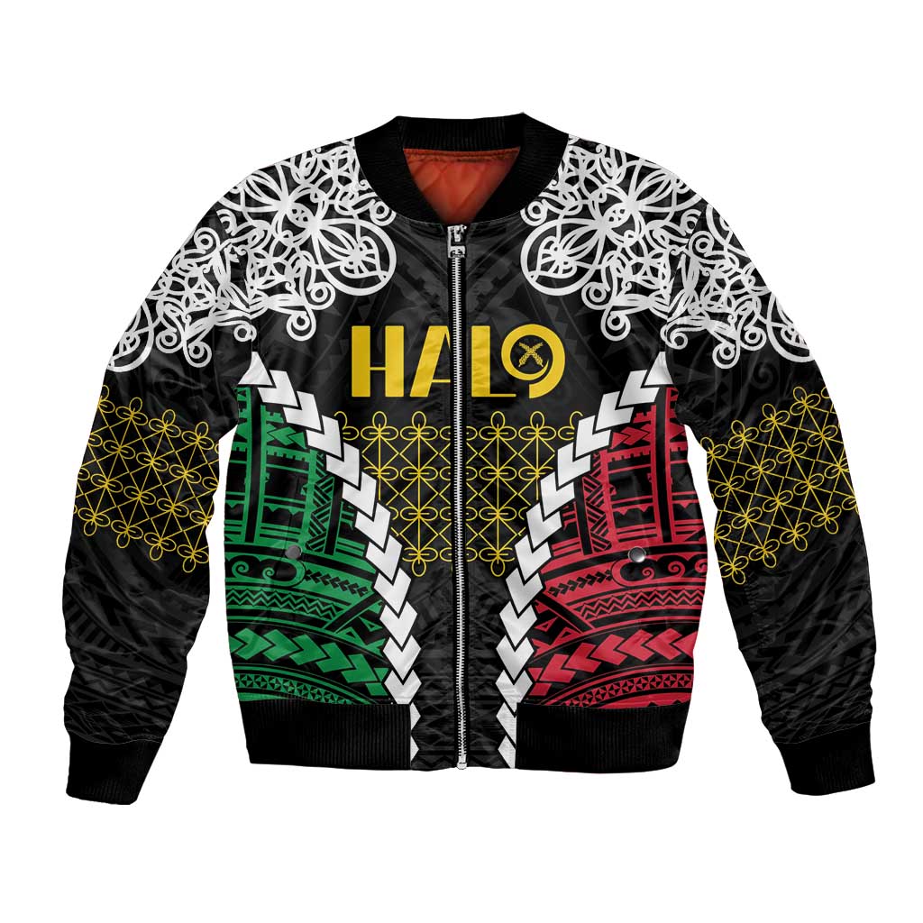 Halo Vanuatu Pride Bomber Jacket Vanuatuan Sand Drawing Pattern LT9 Unisex Black - Polynesian Pride