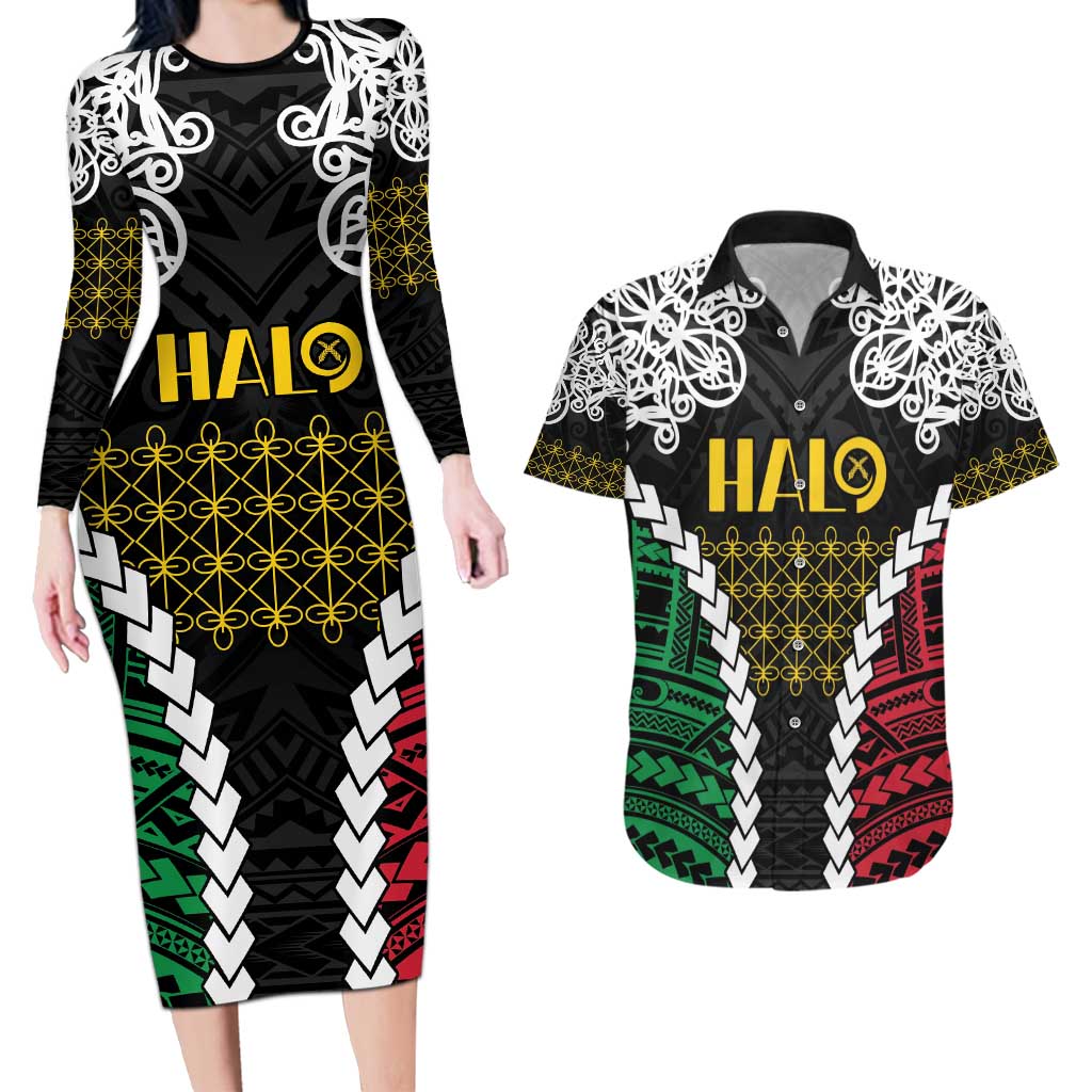 Halo Vanuatu Pride Couples Matching Long Sleeve Bodycon Dress and Hawaiian Shirt Vanuatuan Sand Drawing Pattern