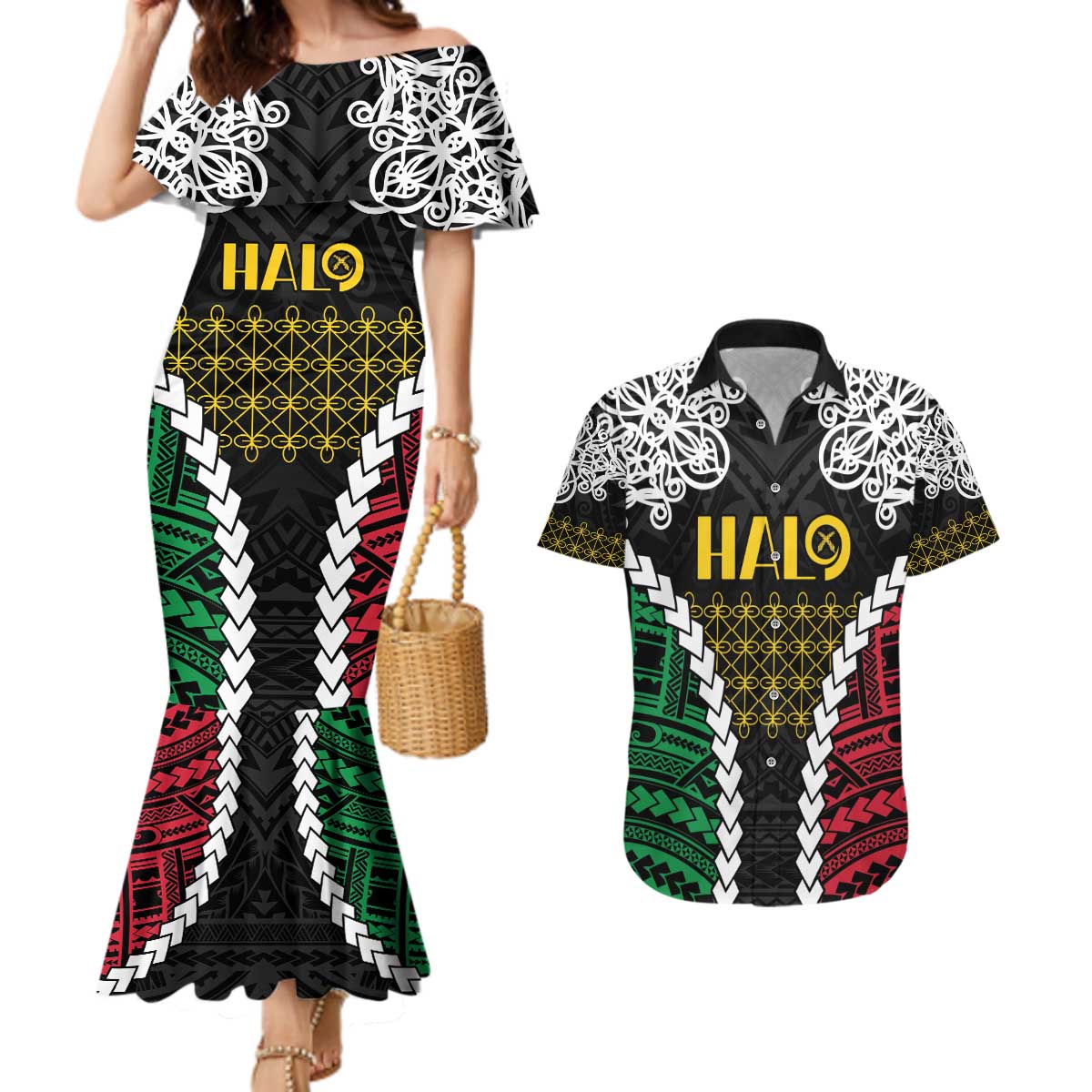 Halo Vanuatu Pride Couples Matching Mermaid Dress and Hawaiian Shirt Vanuatuan Sand Drawing Pattern