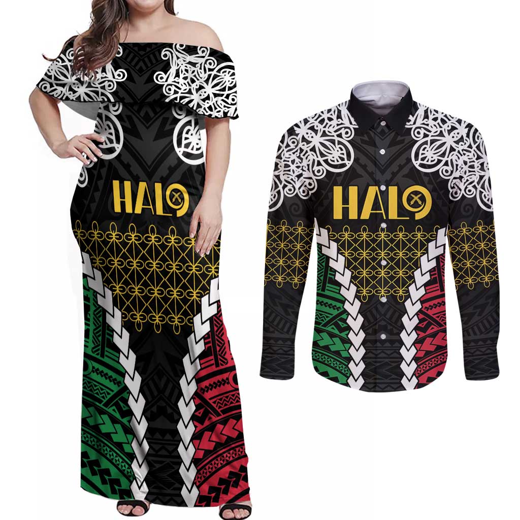 Halo Vanuatu Pride Couples Matching Off Shoulder Maxi Dress and Long Sleeve Button Shirt Vanuatuan Sand Drawing Pattern