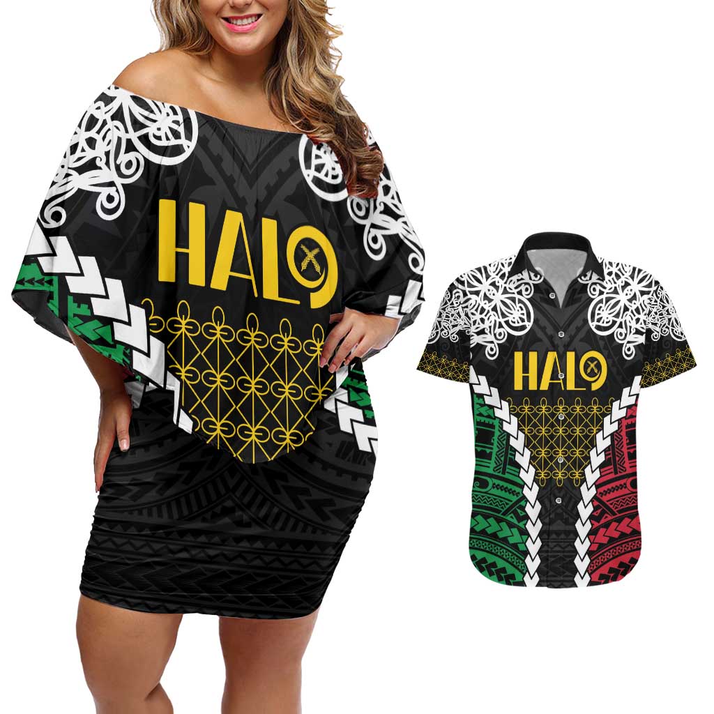 Halo Vanuatu Pride Couples Matching Off Shoulder Short Dress and Hawaiian Shirt Vanuatuan Sand Drawing Pattern