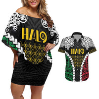 Halo Vanuatu Pride Couples Matching Off Shoulder Short Dress and Hawaiian Shirt Vanuatuan Sand Drawing Pattern