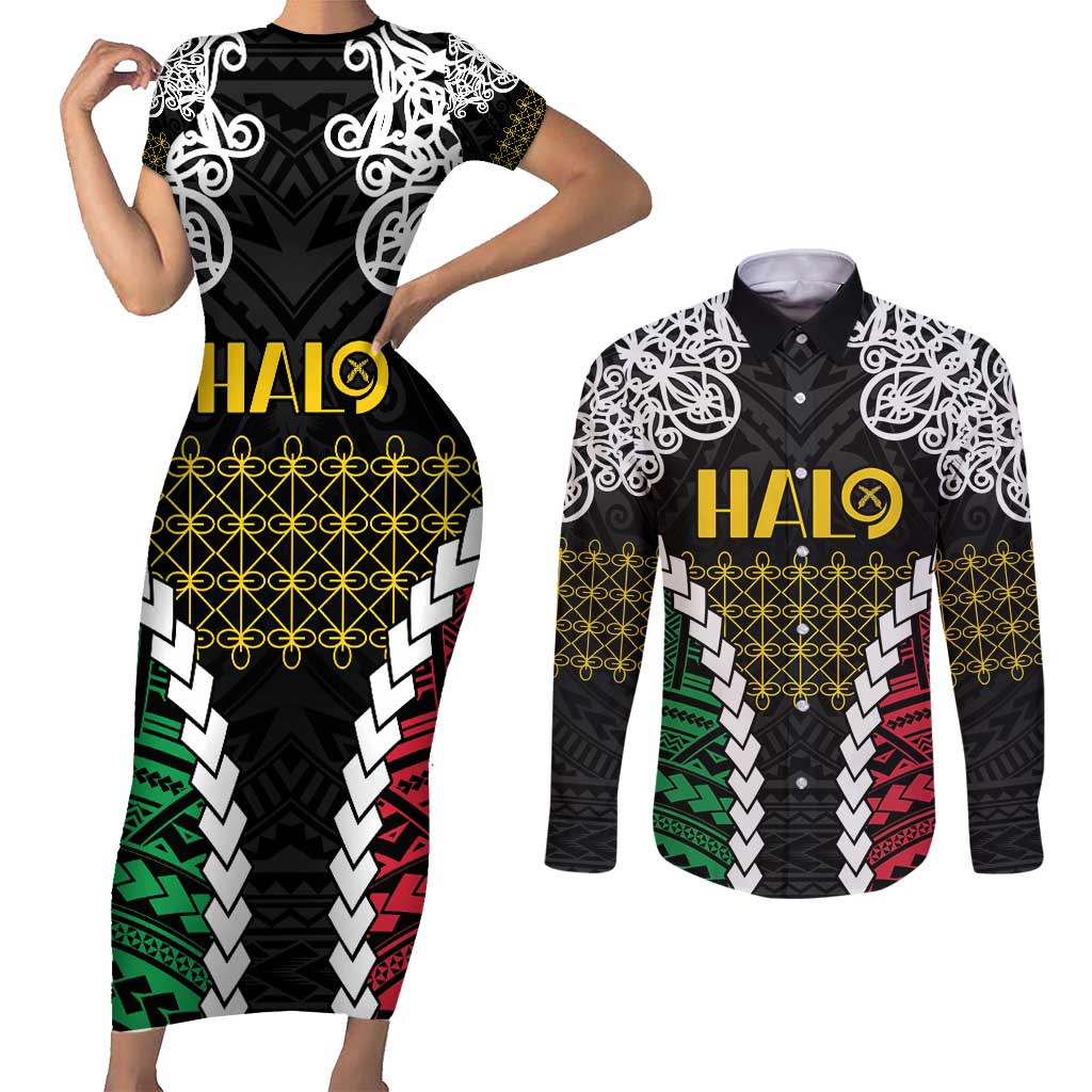 Halo Vanuatu Pride Couples Matching Short Sleeve Bodycon Dress and Long Sleeve Button Shirt Vanuatuan Sand Drawing Pattern