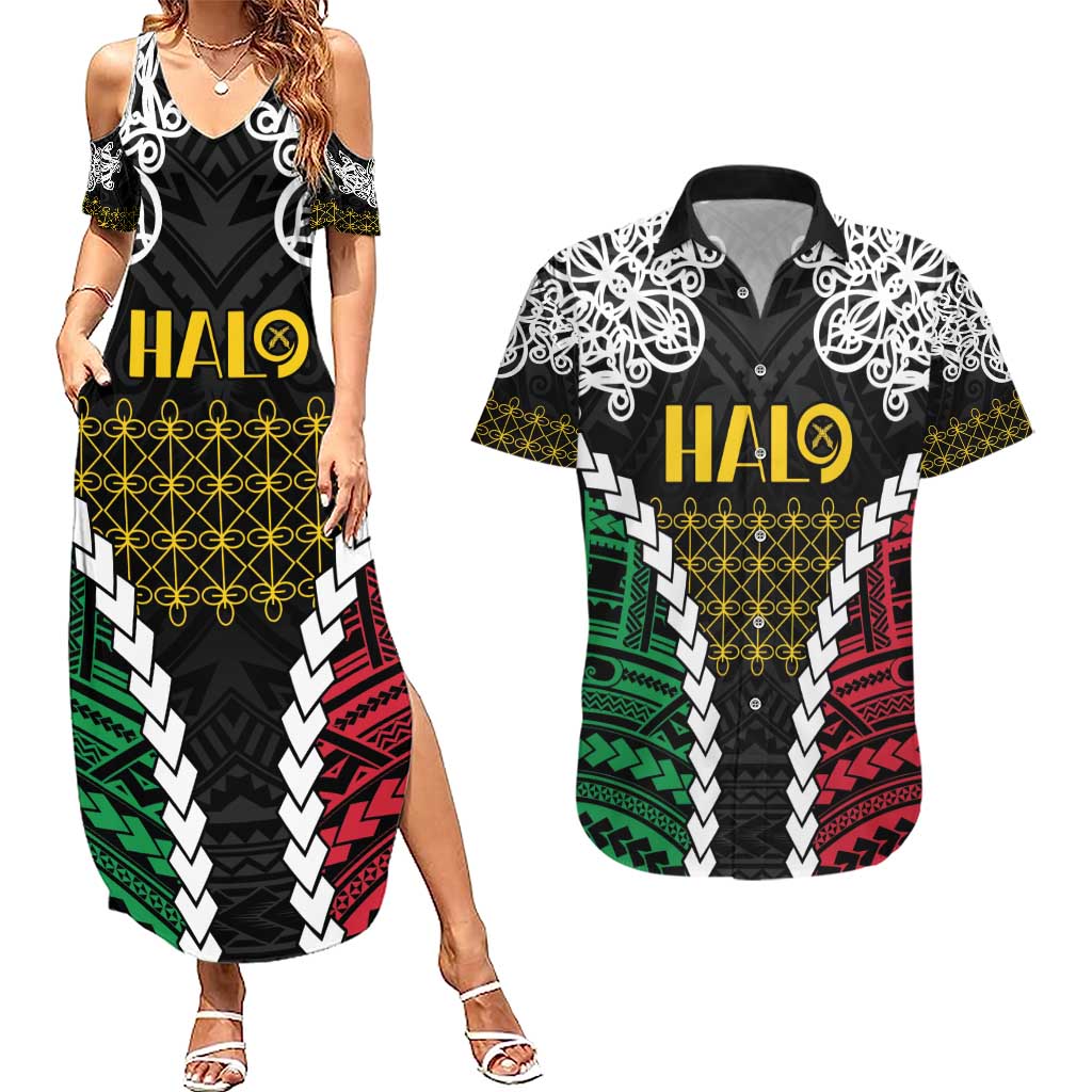 Halo Vanuatu Pride Couples Matching Summer Maxi Dress and Hawaiian Shirt Vanuatuan Sand Drawing Pattern
