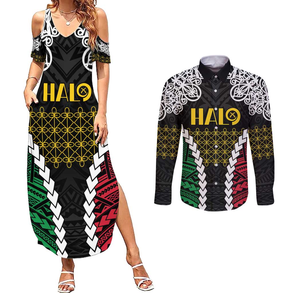Halo Vanuatu Pride Couples Matching Summer Maxi Dress and Long Sleeve Button Shirt Vanuatuan Sand Drawing Pattern