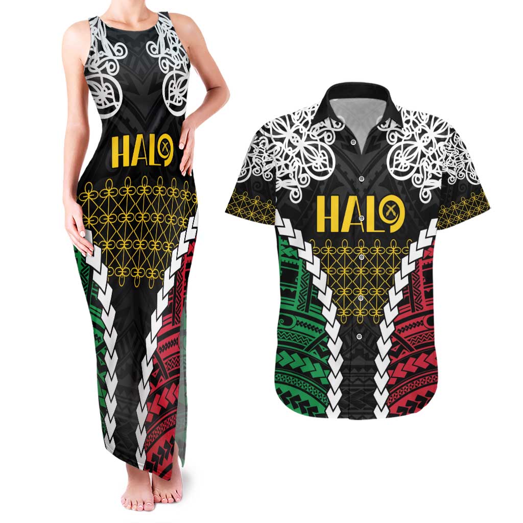 Halo Vanuatu Pride Couples Matching Tank Maxi Dress and Hawaiian Shirt Vanuatuan Sand Drawing Pattern