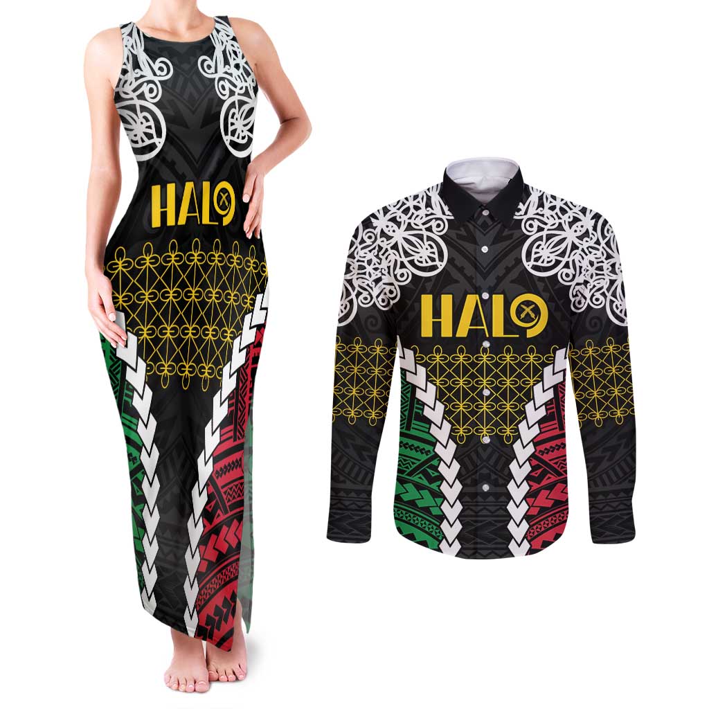Halo Vanuatu Pride Couples Matching Tank Maxi Dress and Long Sleeve Button Shirt Vanuatuan Sand Drawing Pattern