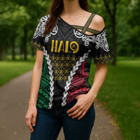 Halo Vanuatu Pride Cross Shoulder Shirt Vanuatuan Sand Drawing Pattern - Polynesian Pride
