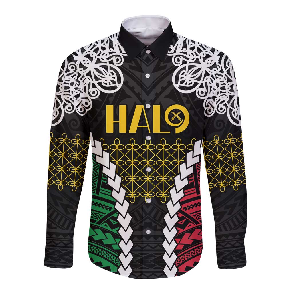 Halo Vanuatu Pride Long Sleeve Button Shirt Vanuatuan Sand Drawing Pattern