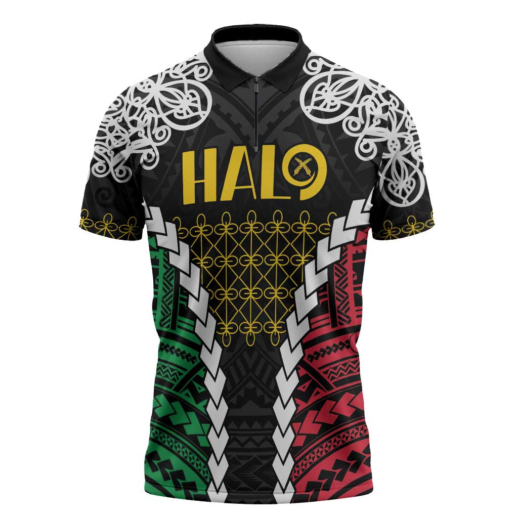 Halo Vanuatu Pride Zipper Polo Shirt Vanuatuan Sand Drawing Pattern - Polynesian Pride