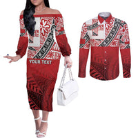 Malo e lelei Tonga Couples Matching Off The Shoulder Long Sleeve Dress and Long Sleeve Button Shirt Ngatu Tokelau Feletoa Fata Traditional Polynesian Pattern LT9 Red - Polynesian Pride