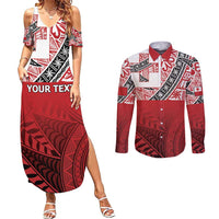 Malo e lelei Tonga Couples Matching Summer Maxi Dress and Long Sleeve Button Shirt Ngatu Tokelau Feletoa Fata Traditional Polynesian Pattern LT9 Red - Polynesian Pride