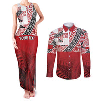 Malo e lelei Tonga Couples Matching Tank Maxi Dress and Long Sleeve Button Shirt Ngatu Tokelau Feletoa Fata Traditional Polynesian Pattern LT9 Red - Polynesian Pride