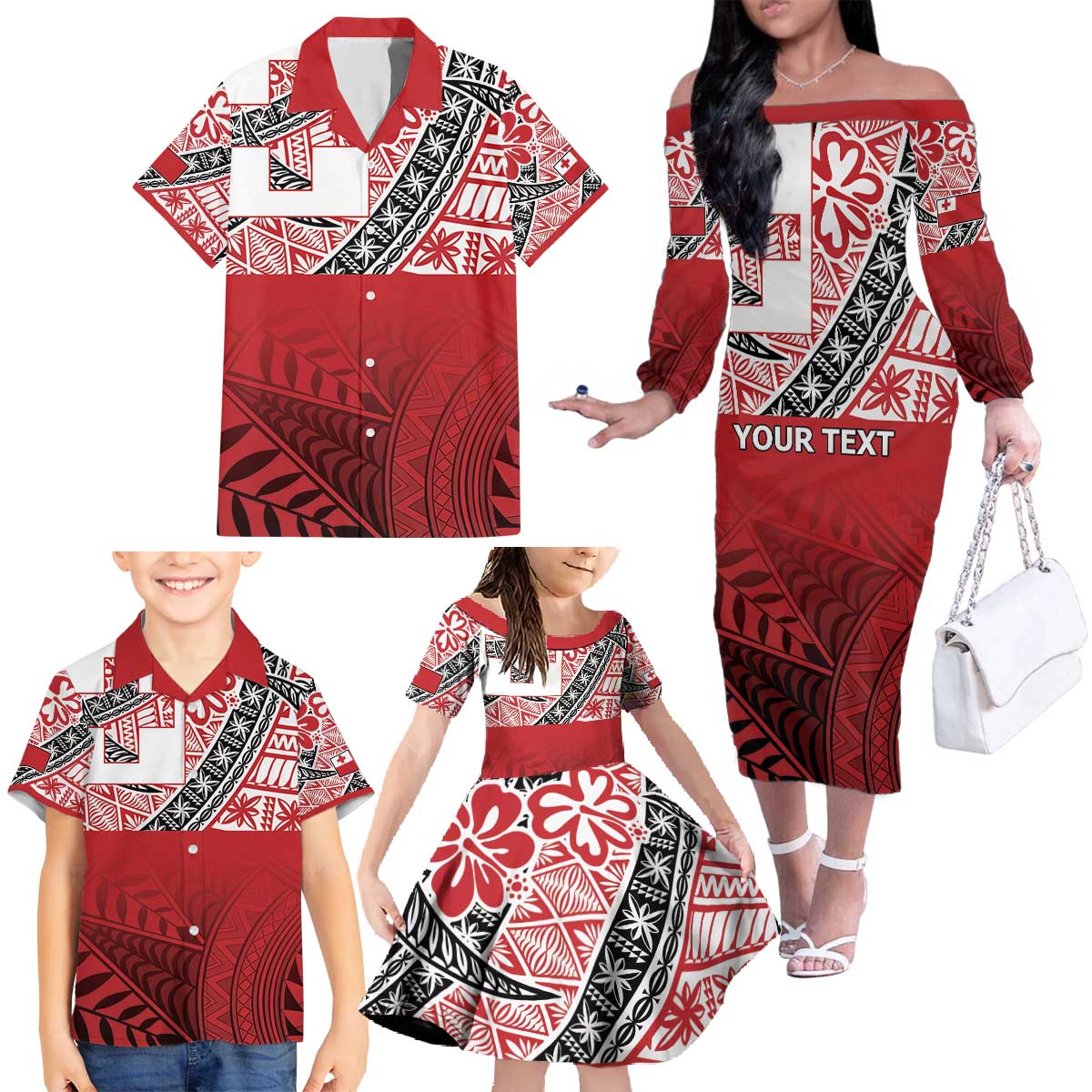 Malo e lelei Tonga Family Matching Off The Shoulder Long Sleeve Dress and Hawaiian Shirt Ngatu Tokelau Feletoa Fata Traditional Polynesian Pattern