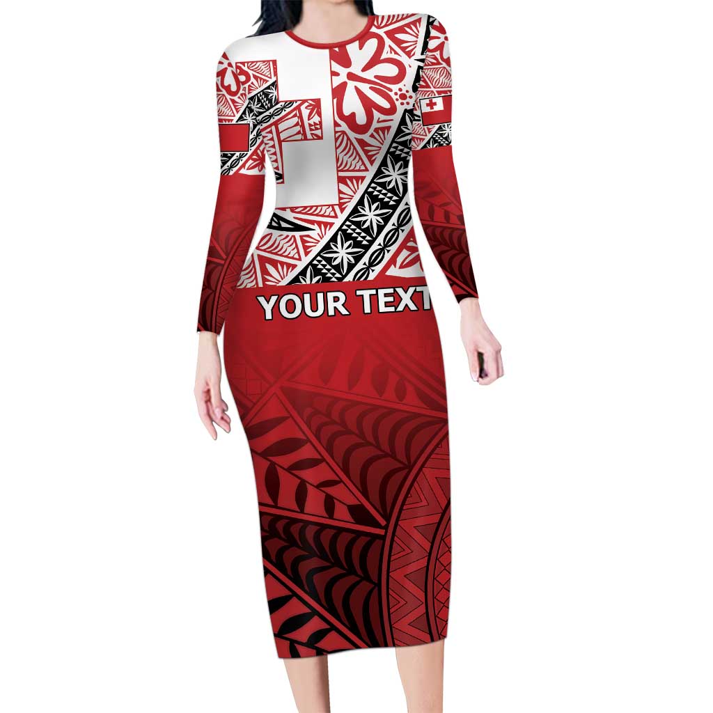 Malo e lelei Tonga Long Sleeve Bodycon Dress Ngatu Tokelau Feletoa Fata Traditional Polynesian Pattern LT9 Long Dress Red - Polynesian Pride