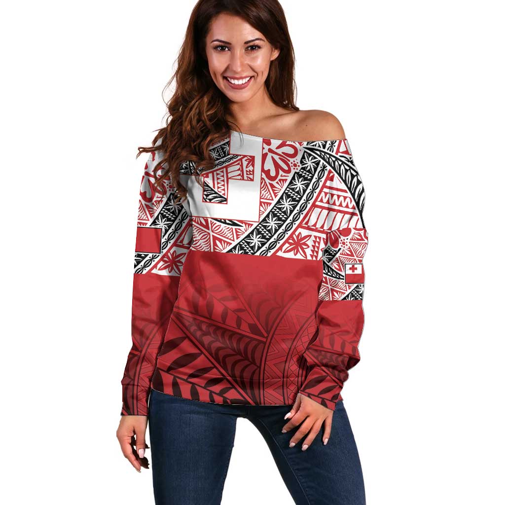 Malo e lelei Tonga Off Shoulder Sweater Ngatu Tokelau Feletoa Fata Traditional Polynesian Pattern