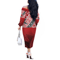 Malo e lelei Tonga Off The Shoulder Long Sleeve Dress Ngatu Tokelau Feletoa Fata Traditional Polynesian Pattern LT9 - Polynesian Pride