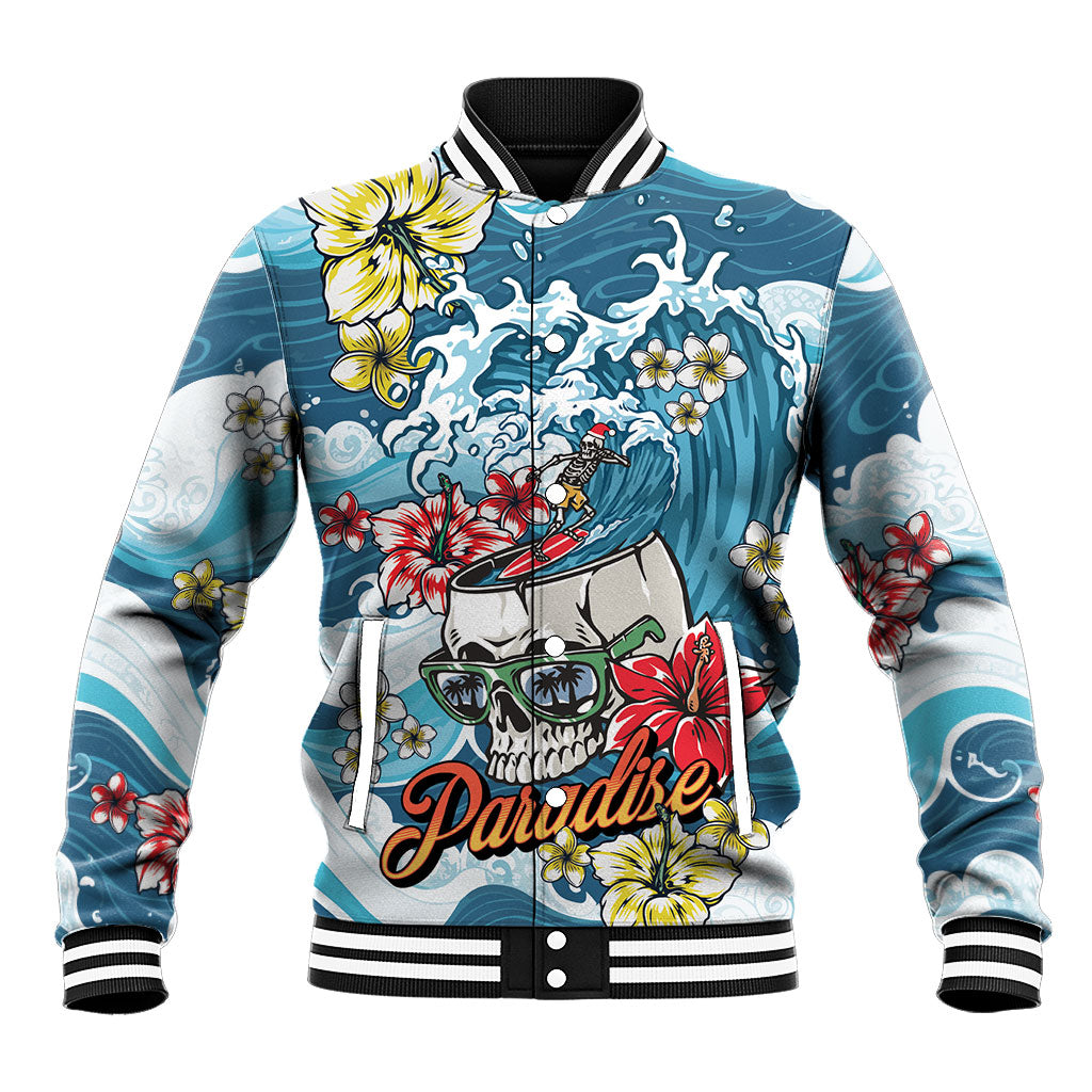 Hawaii Santa Skeleton Surfing Personalized Baseball Jacket Mele Kalikimaka i Iulai!