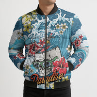 Hawaii Santa Skeleton Surfing Personalized Bomber Puffer Jacket Mele Kalikimaka i Iulai!
