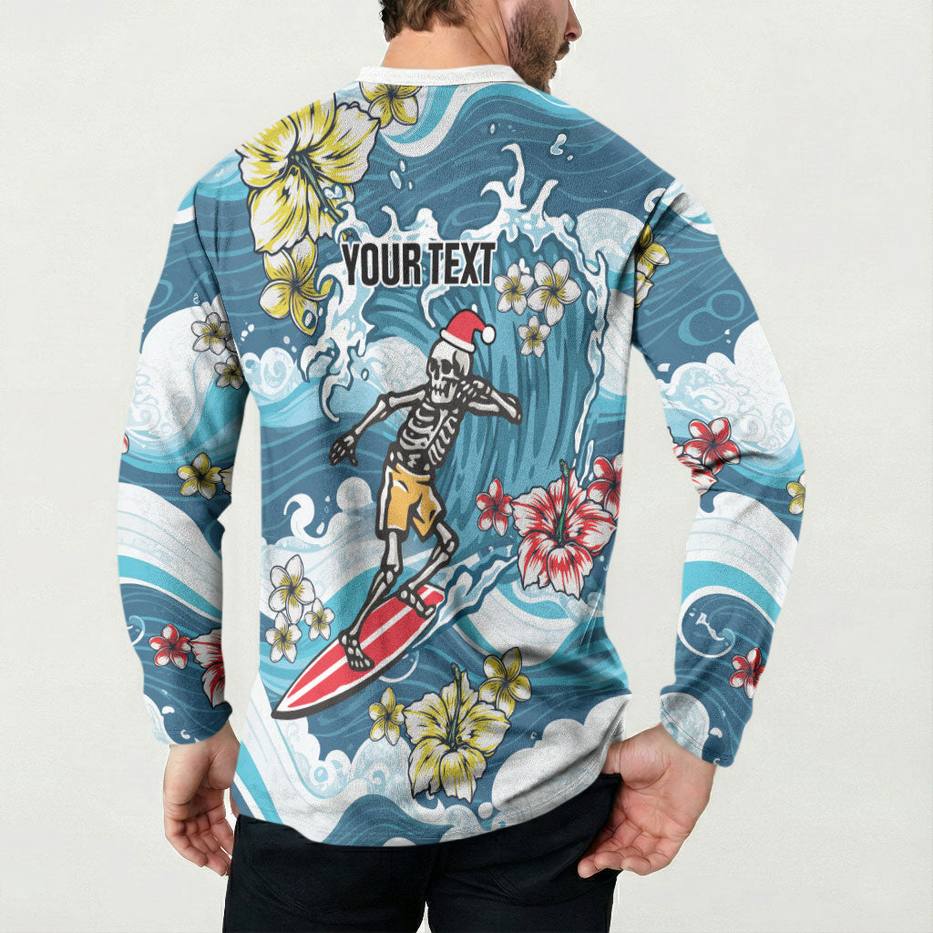 Hawaii Santa Skeleton Surfing Personalized Button Sweatshirt Mele Kalikimaka i Iulai!