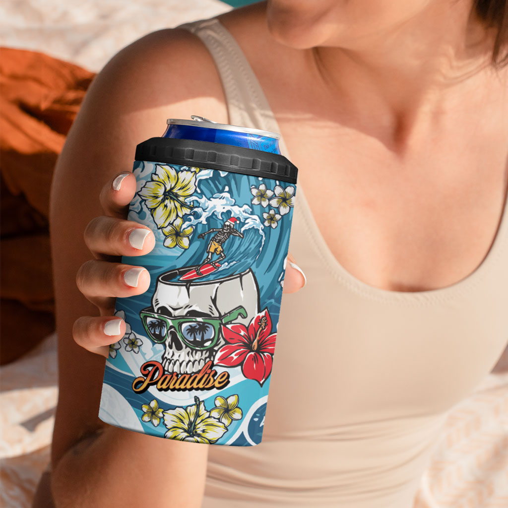 Hawaii Santa Skeleton Surfing Personalized 4 in 1 Can Cooler Tumbler Mele Kalikimaka i Iulai!