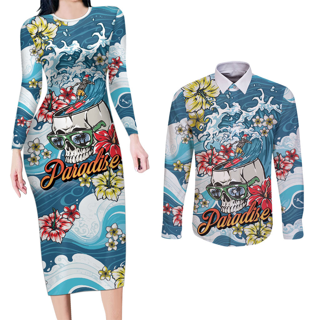 Hawaii Santa Skeleton Surfing Personalized Couples Matching Long Sleeve Bodycon Dress and Long Sleeve Button Shirt Mele Kalikimaka i Iulai! LT9 Blue - Polynesian Pride